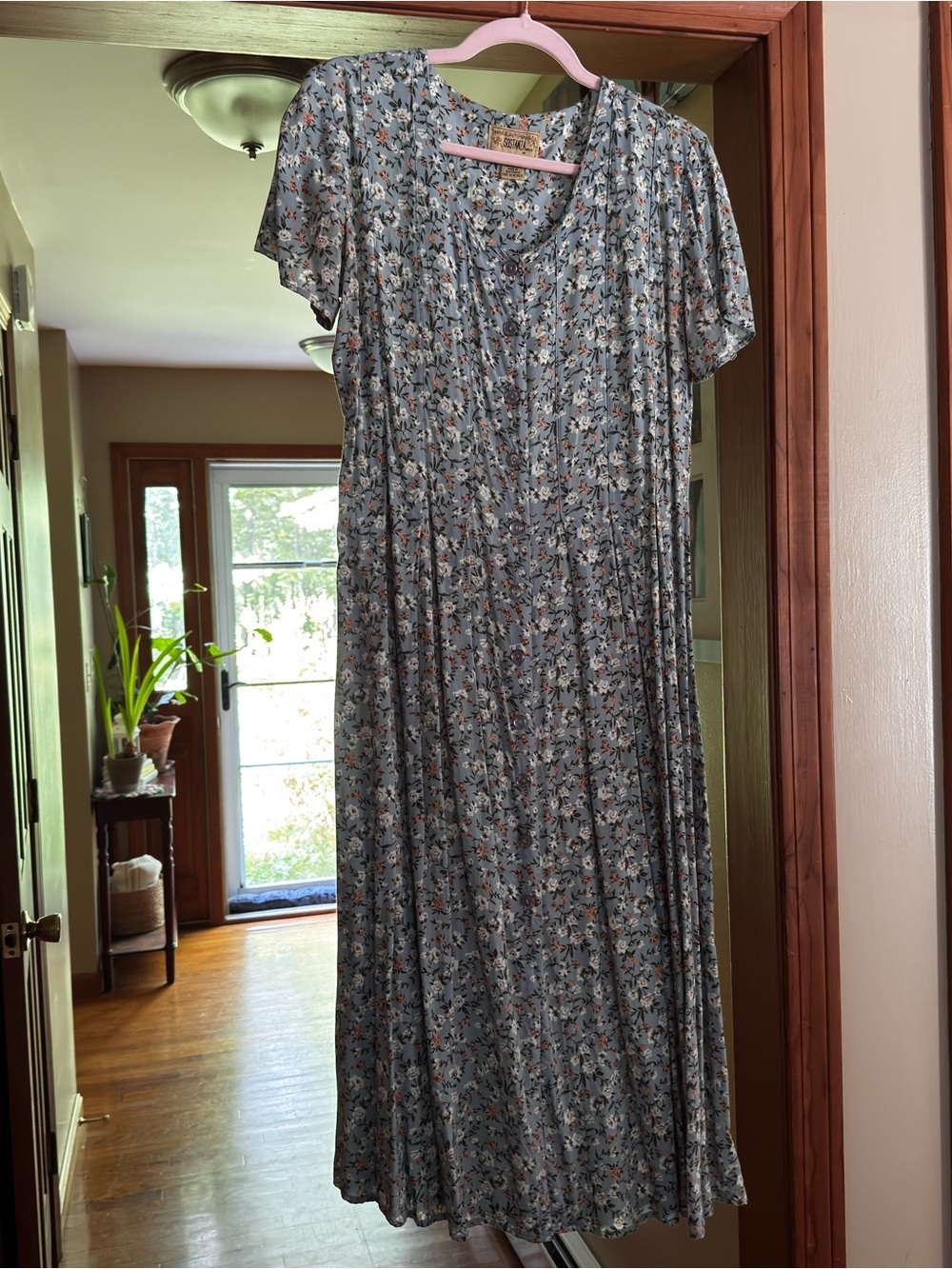 Vintage blue cream peach floral button down midi dress short sleeves size L